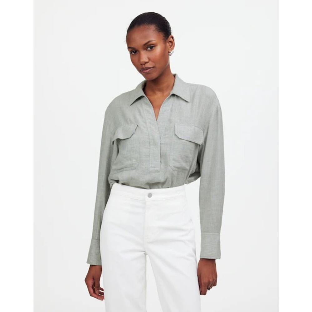 Madewell Popover Shirt in Grey as Header Flannel Pocket XS NT237‎ Casual Cozy